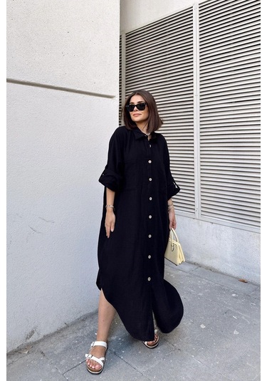 Kadın Siyah Muslin Kumaş, Yarasa Kol, Eteği Oval, Çift Cepli, Uzun Oversize Salaş Gömlek Elbise Siyah
