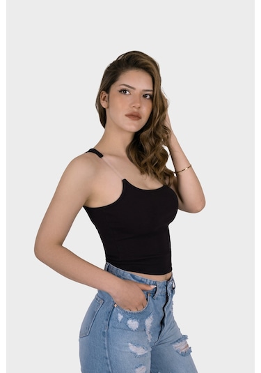 Simala Kadın Şeffaf Askılı Siyah Kaşkorse Yazlık Şık Body Crop Siyah