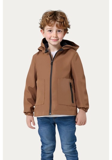 Erkek Çocuk Astarlı Su Ve Rüzgar Geçirmez Kapüşonlu Çift Fermuarlı Cepli Yağmurluk Taş