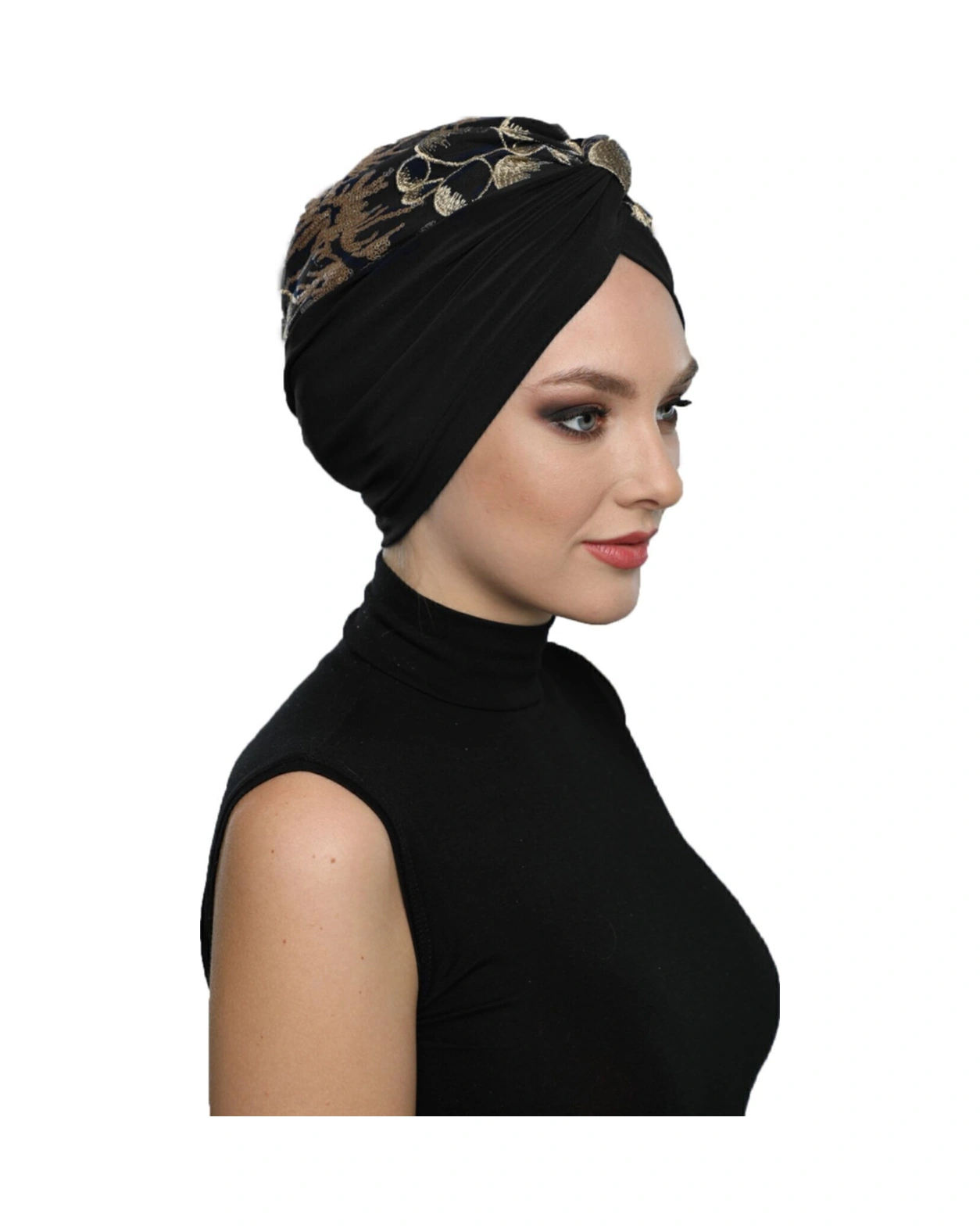 Özel Tasarım Siyah Üzeri Bej Nakışlı Oval Desenli Astarlı Hazır Türban Tesettür Abiye Bone Siyah23