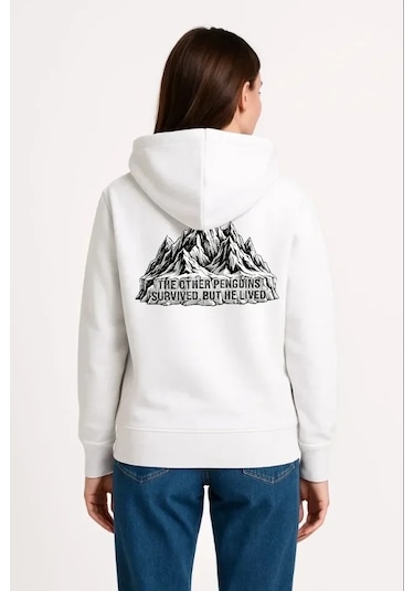 Defymoda Nihilist Penguen Temalı Oversize Kapüşonlu Sweatshirt - Beyaz Beyaz