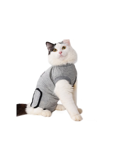 Geeksen Kedi Ameliyat Sonrası İyileşme Takımı, Pamuklu, Yara Koruması, Yalama Ve Tırmalamayı Engeller, Gri, S Beden