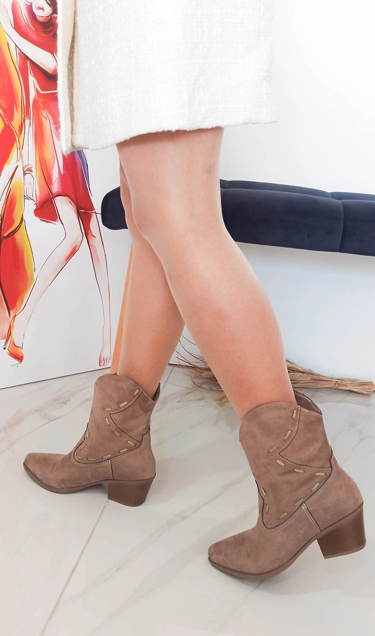 Gdt Ayakkabı Vizon Renk Süet Kalın Topuk Kadın Kovboy Bot Vizon