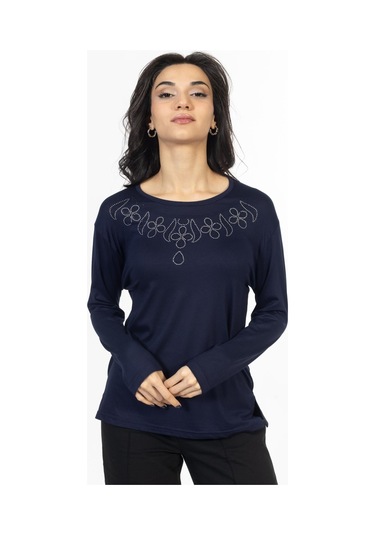Yeni Model Taş İşlemeli Yuvarlak Yaka Likralı Anne Penye Bluz 6435-lacivert Lacivert