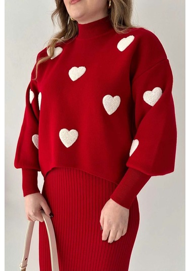 Kırmızı Kalp Kazak Midi Boy Elbise Takım Kırmızı
