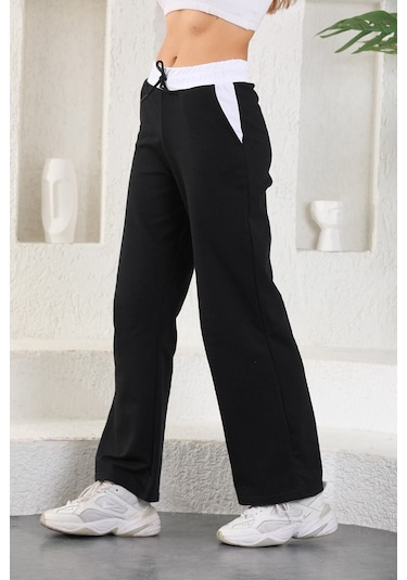 Kallima Siyah Beyaz Kemerli Mevsimlik Bol Paça Kadın Eşofman Altı Siyah