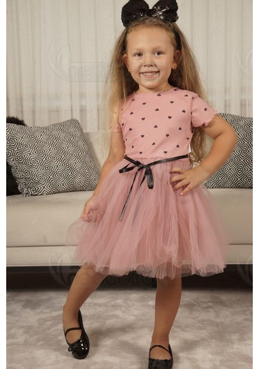 Kız Bebek-çocuk Kısa Kollu Doğum Günü Ve Özel Günler İçin Kalpli Tüllü Astarlı Elbise Kısakol-gülkurusu Gülkurusu