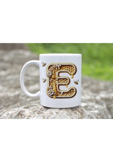 E Harfi Bal Arısı Tasarım Kupa Bardak - Bal Ve Petek Desenli Kişiye Özel Kahve Kupası - Hediyelik Beyaz