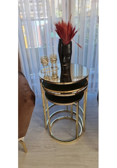 Deepport Liv Aks 3'lü Gold Zigon Sehpa Bronz Aynalı Altın