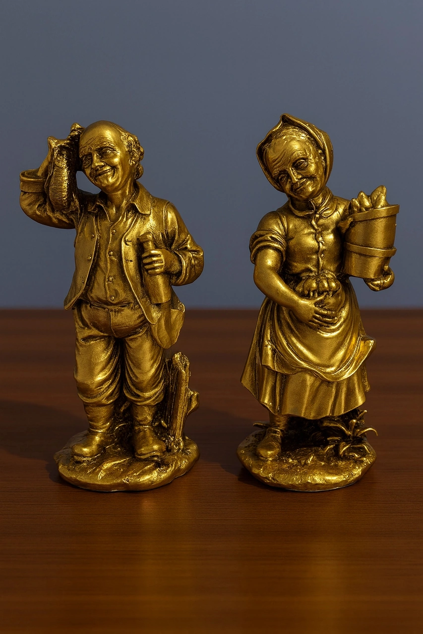 Köylü Amca Ve Teyze Gümüş Ve Gold Dekoratif Biblolar 20x10