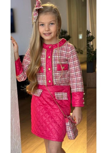 Riccotarz Kız Çocuk Kapitone Ve Altın Şerit Detaylı Şanel Fuşya Etekli Takım Fuşya