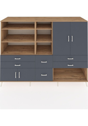 Kronos Dolap 10 Raflı 6 Çekmeceli 4 Kapaklı 220x59x163 Çam-antras Çam-antrasit