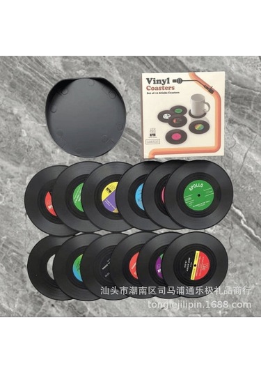 Retro Vinyl Bardak Altlığı Seti - 12 Parça, Kaymaz Ve Isıya Dayanıklı, Dekoratif Tabanlı Siyah Siyah