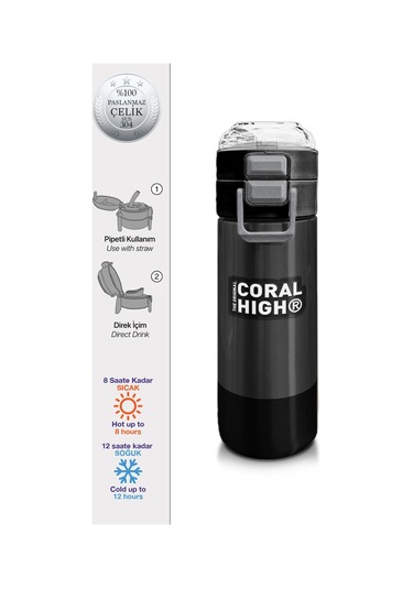 Coral High Kids Koyu Gri Siyah Desenli Pipetli Ve Direkt İçim Çelik Termos 500 Ml 31824 Siyah