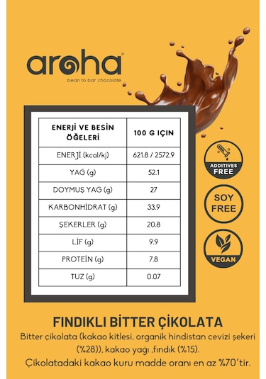 %70 Kakao Fındıklı Bitter Çikolata Hindistan Cevizi Şekerli 40g
