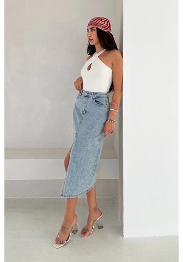 Paralel Taşlı Yırtmaçlı Denim Etek Mavi Mavi