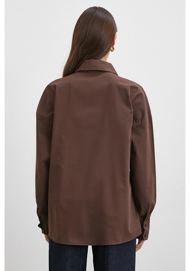 Düğme Detaylı Pamuklu Gömlek Kahve Kahve