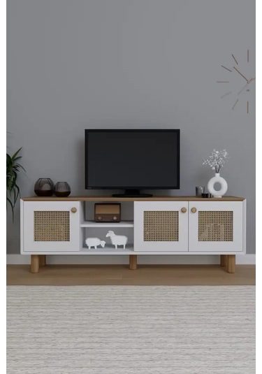 Bohem Serisi Garden Meşe - Beyaz Pvc Hasır Desen Tv Ünitesi Açık Ceviz & Beyaz
