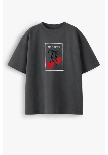 Kadın Premium Kumaş Antrasit Baskılı Oversize T-shirt Antrasit