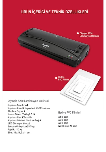 Olympia A230 A4 Pvc Laminasyon Makinesi + 40 PVC Filmi