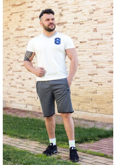 Erkek Gri Petek Kumaş Cepli Gizli Fermuarlı Ipli Bermuda Şort