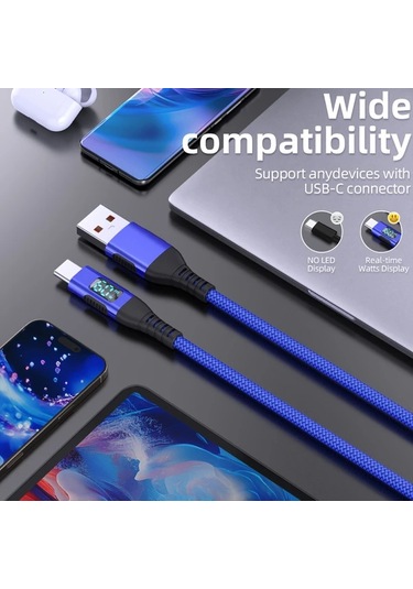 Willowhaven 1 Adet 60w Dijital Ekranlı Usb Type C Hızlı Şarj Kablosu 10ft Kırmızı