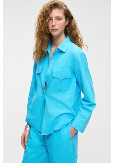 RIGO Kadın Gömlek Yaka Uzun Kol Regular Uzun İnce Mavi Gömlek