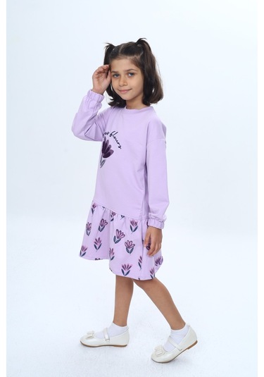 Toontoy Kız Çocuk Süzene Nakışlı Lale Baskılı Elbise Lila