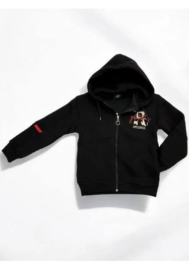 Erkek Çocuk 3 İplik Şardonlu Kapüşonlu Hırka-14842 Siyah