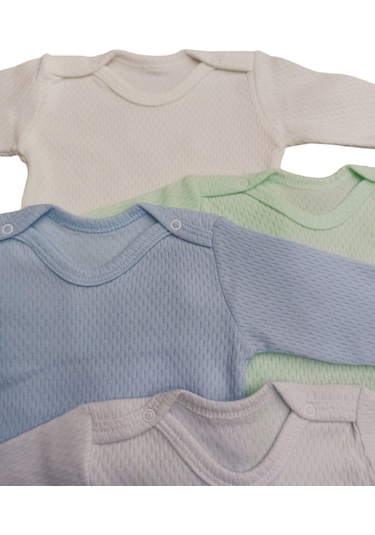 Uzun Kollu Çıtçıtlı Badi Bisiklet Yaka Hava Alır Kumaş  Zıbın 0 - 48 Ay  4'lü Paket Beyaz - Krem - Yeşil - Mavi