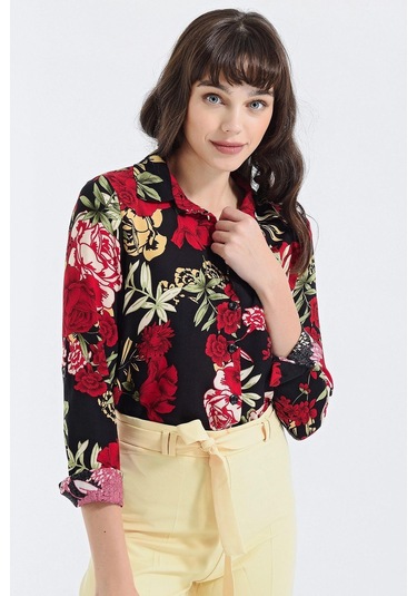 Kadın Siyah & Kırmızı Modern Tarz Çiçek Desenli Uzun Kollu Gömlek Siyah