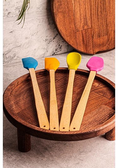 4'lü Yanmaz Yapışmaz Renkli Silikon Başlıklı Ahşap Spatula Seti Çok Renkli