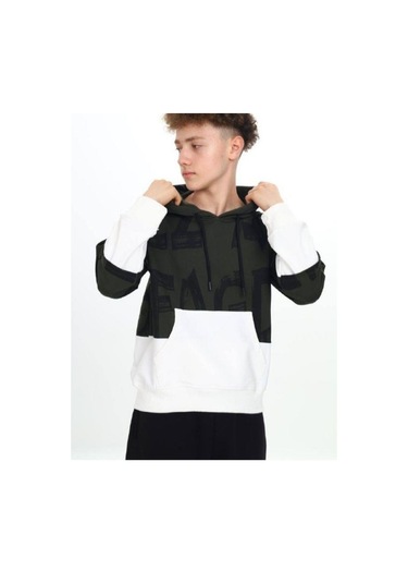 Çocuk Kapüşonlu Harf Desenli Kanguru Cepli Sweatshirt-14800 Haki