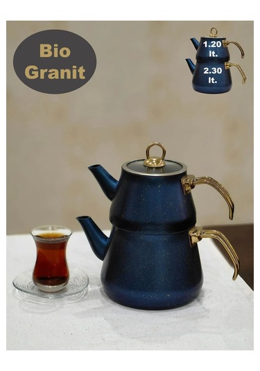 Yunusoğlu Home Granit Kaplama Gold Kulplu Cam Kapak Çaydanlık Mav