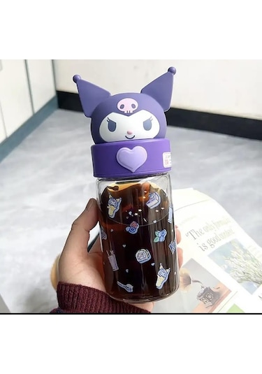 Kuromi Tasarımlı Kapaklı Cam Kupa -1544