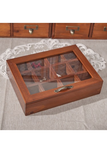Gajeena Taşınabilir 12 Bölmeli Ahşap Takı Kutusu, Şeffaf Kapaklı Mücevher Organizatörü Kahverengi