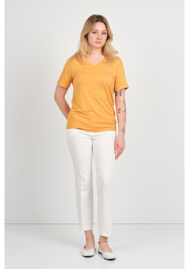 Ella Camelia Kadın Kelebek Şekilli Taş Süslemeli V Yaka Kısa Kollu Bluz 24e047 Hardal HARDAL