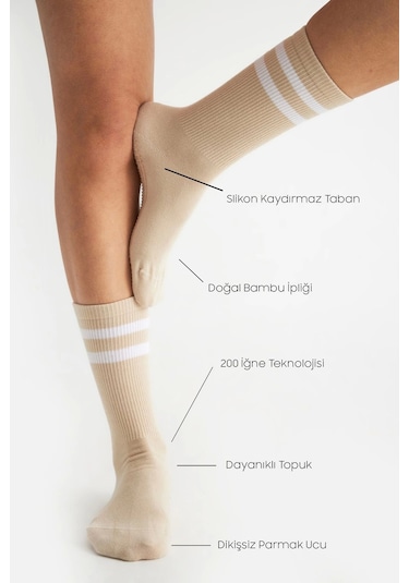 Bambu Kadın Krem Kaydırmaz Taban Silikon Baskı Yoga Fitness Pilates Bale Dans Tenis Çorabı Çok Renkli