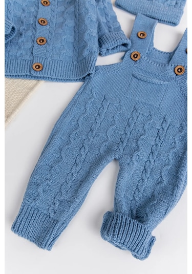 Triko Hırkalı 3'lü Ayarlanabilir Askılı Örgü Erkek Bebek Salopet Tulum Takım Set mavi