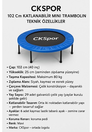 102cm Katlanabilir Trambolin Taşınabilir Egzersiz Mavi Trambolini