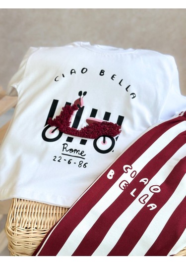 Kız Çocuk Scooter Üzeri Aplike Detaylı Tshirt Ve Çizgili Jogger Alt Üst Takım Bordo Beyaz Beyaz - Bordo