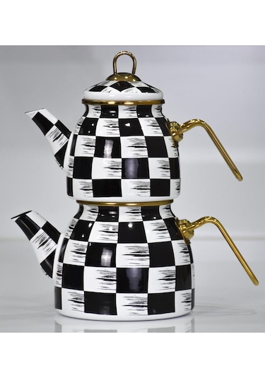 Dama Desenli Emaye Çaydanlık Takımı - Demlik Seti Siyah - Beyaz - Gold