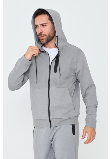 White Stone Gri Kapüşonlı Fermuarlı Erkek Sweatshirt Grey