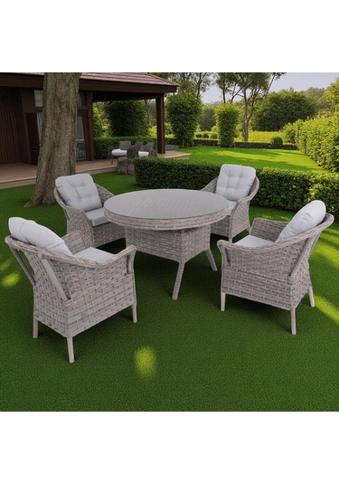 Spark Nova 110 Cm Rattan Yuvarlak Minderli Bahçe Masa Takımı Gri