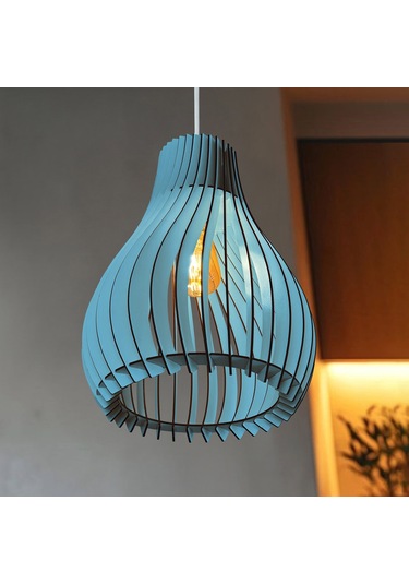 Vialux Modern Ahşap Bohem Rustik Avize Tekli Sarkıt Lamba Pastel Açık Mavi