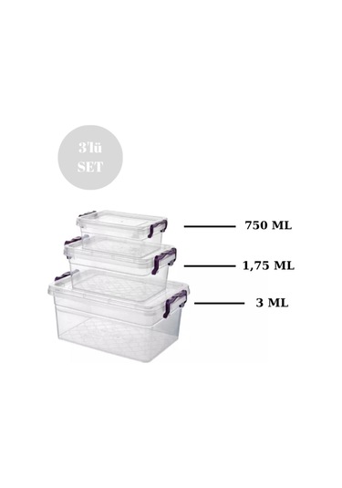 Saklama Kabı 3'lü Set İç İçe Geçmeli Kilitli Saklama Kutusu Düzenleyici ŞEFFAF