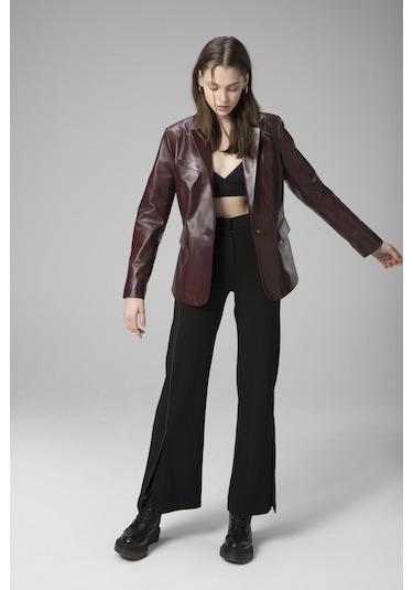 Dericlub Wm011 Gerçek Deri Kadın Blazer Ceket Bordo Bordo