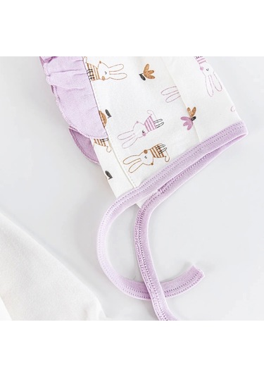 Tavşan Detaylı Fiyonklu 5 Parça %100 Pamuk Kız Bebek Hastane Çıkışı Lila