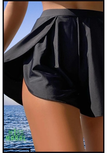 Kadın Beyaz Deniz Havuz Şortu Etek Görünümlü Yırtmaçlı Şık Model İçte Bikini Slip 1108 Siyah