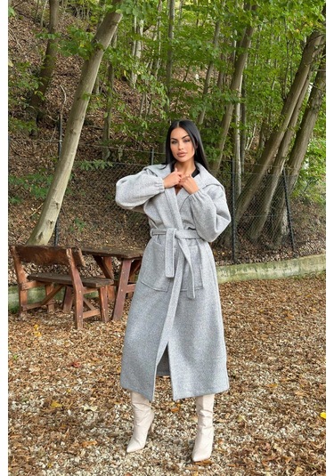 Gri Cepli, Balon Kol, Kemerli, Kalın Örgü Triko, Uzun Kaban Gri